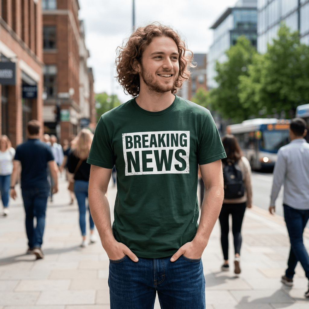Young man standing on city sidewalk wearing a green t-shirt with 'BREAKING NEWS' text