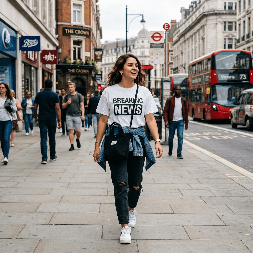 Young woman in a 'BREAKING NEWS' t-shirt walking on a busy London sidewalk with people and red double-decker buses in the background