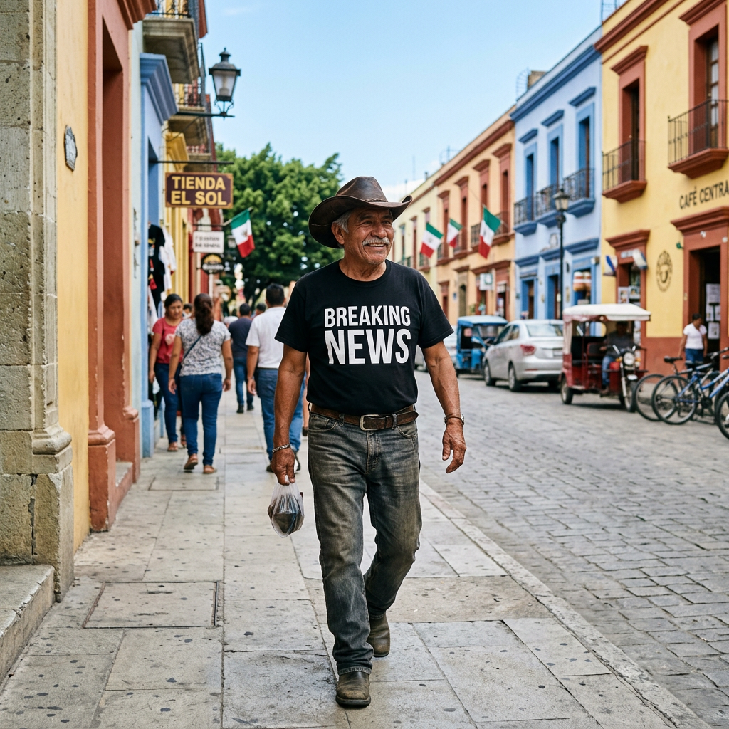 Man in cowboy hat and 'Breaking News' t-shirt walking on a colorful street with people and flags
