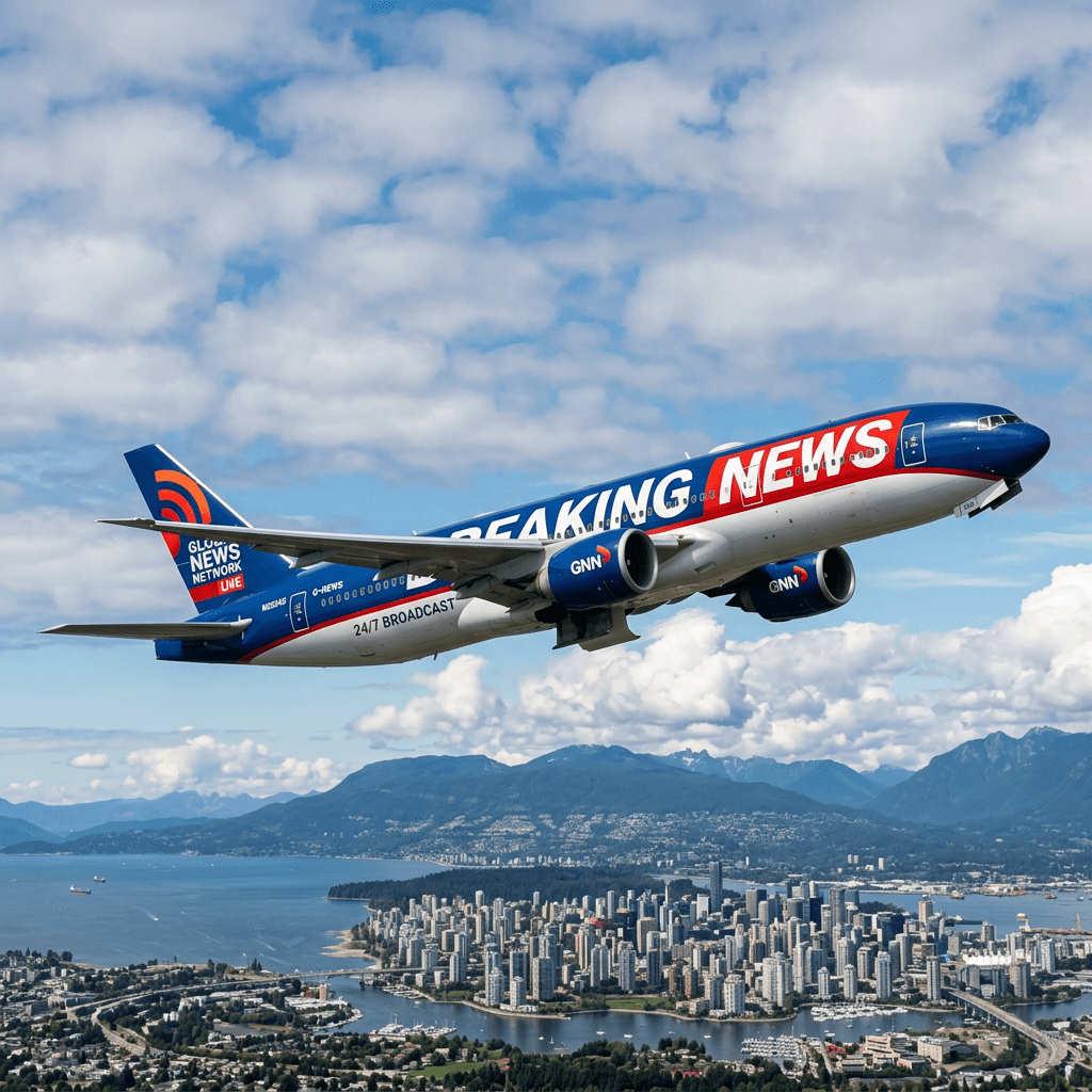 Airplane with breaking news livery flying above a city near the water with mountains in the background