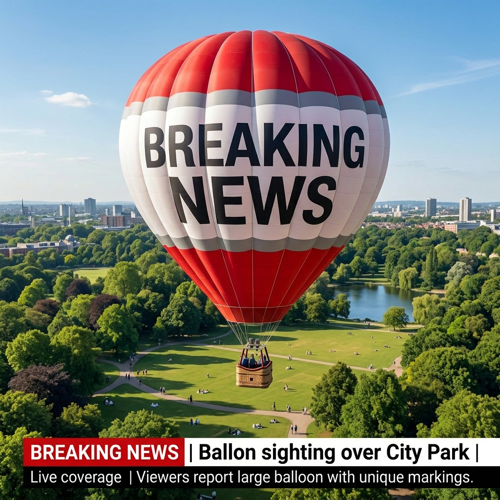 Hot air balloon with 'BREAKING NEWS' text flying over a large green city park with paths and people below