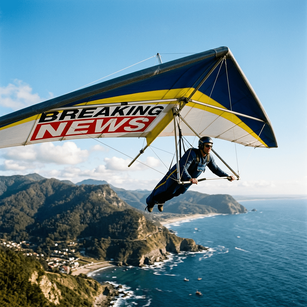 Man hang gliding with blue, yellow, and white wings displaying a 'Breaking News' banner over a coastline.