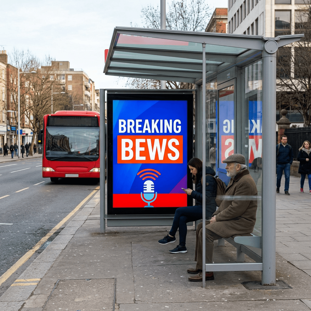 Bus stop shelter with digital sign displaying 'BREAKING BEWS' and two seated people