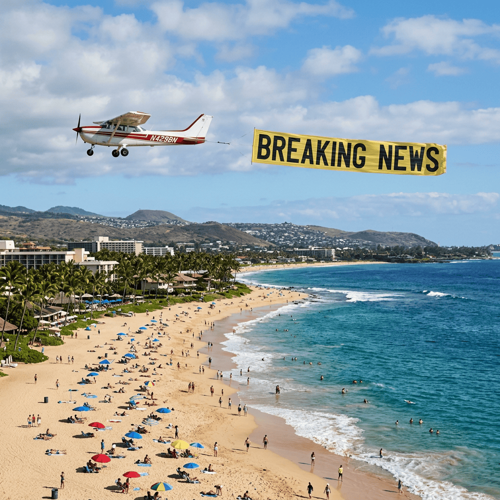 Small airplane towing a BREAKING NEWS banner over crowded beach