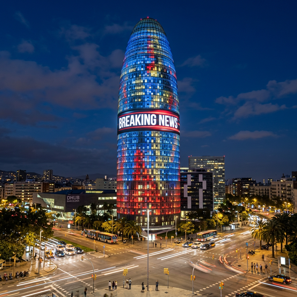 Torre Glòries in Barcelona displaying BREAKING NEWS above illuminated city streets