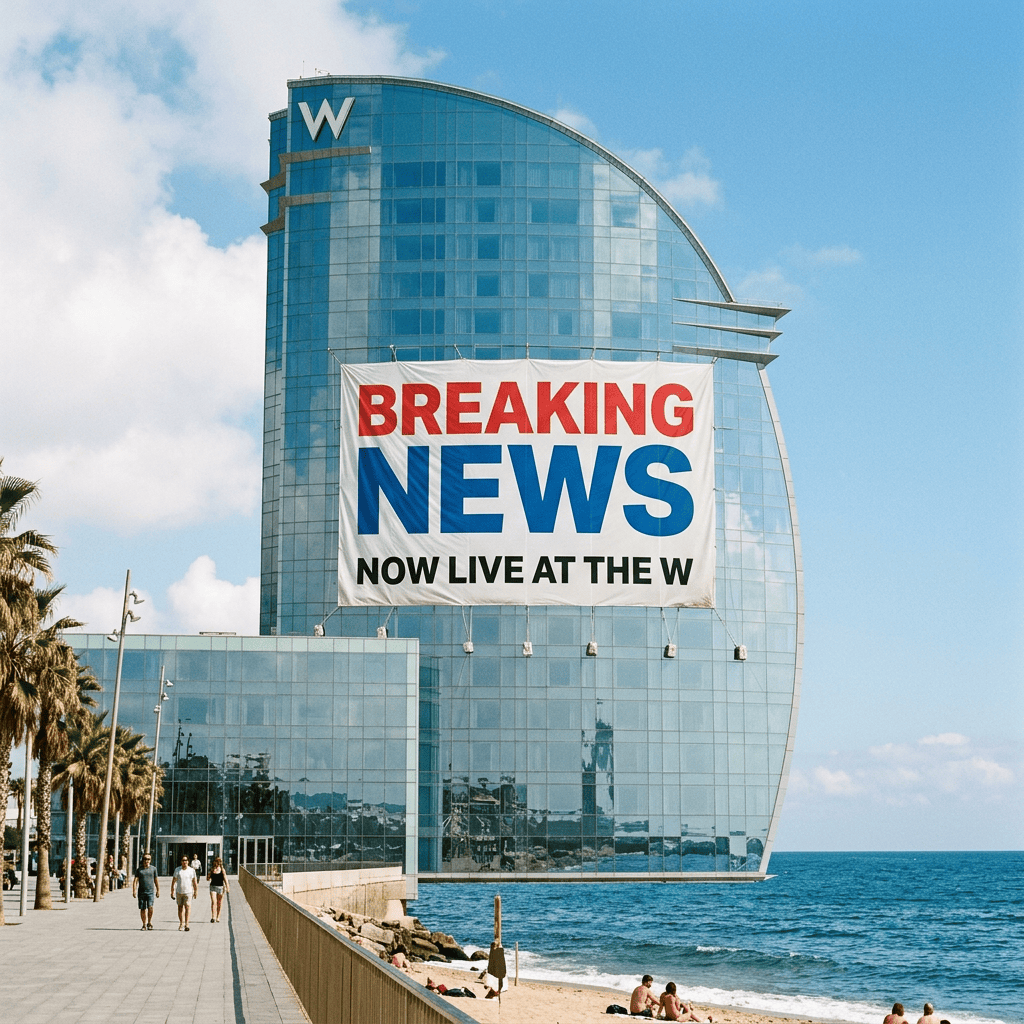 Breaking News Now Live at the W banner on a seaside glass building