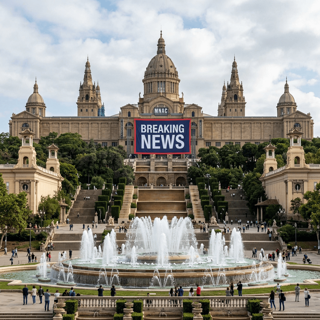 Palau Nacional with MNAC sign and large BREAKING NEWS banner