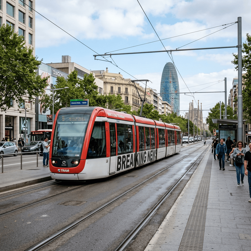Red Barcelona tram on Diagonal Avenue with Torre Glòries and Sagrada Família