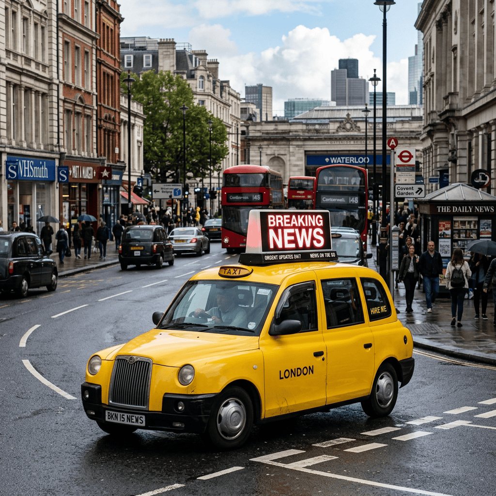 Yellow London taxi beside red buses near Waterloo Station