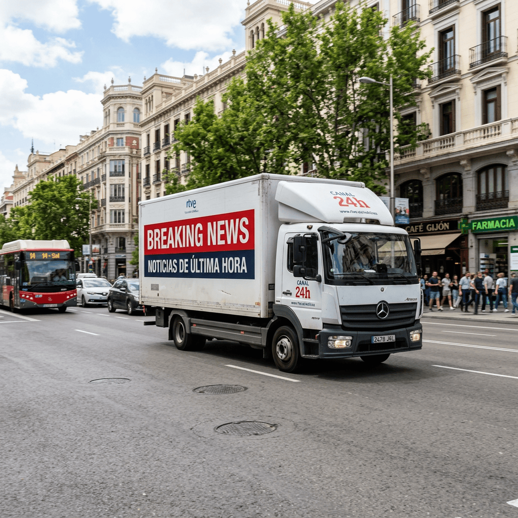 News truck labeled “BREAKING NEWS” and “NOTICIAS DE ÚLTIMA HORA” on city street